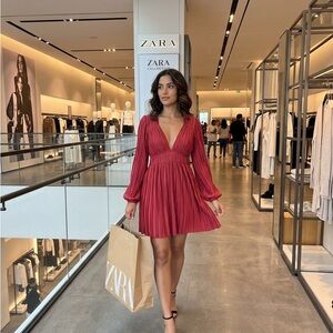 Zara Burgundy Pleated V-Neck Long-Sleeve Mini Dress